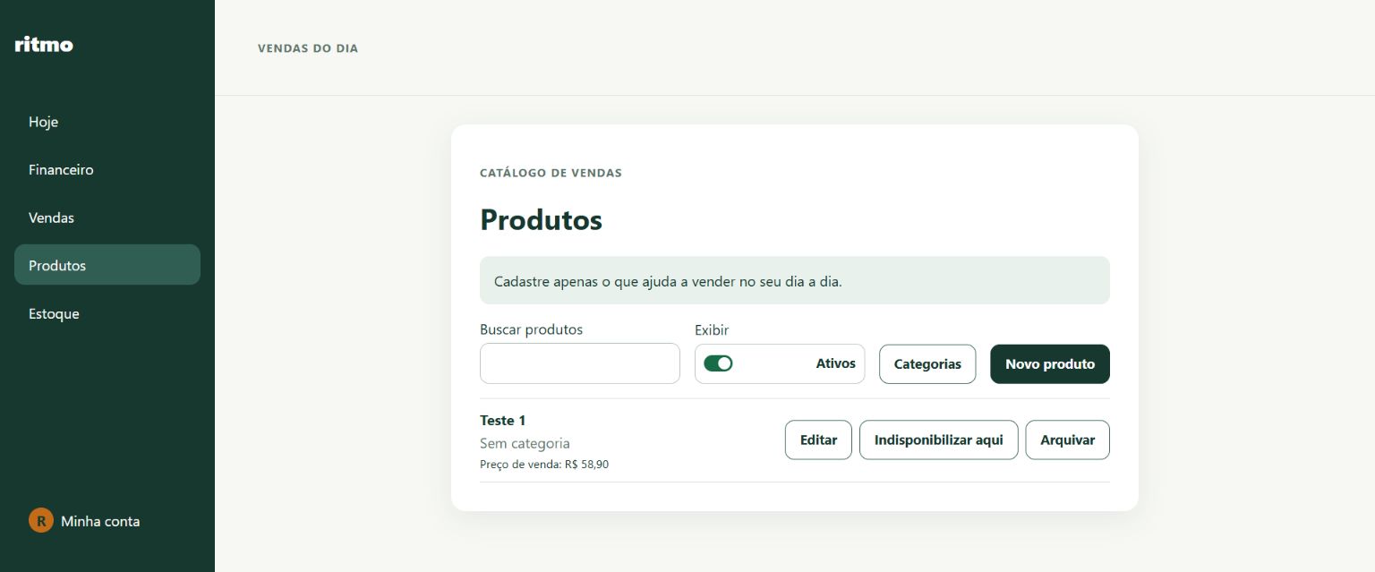 Tela real do catálogo de produtos do Ritmo, com busca, status e ações de cadastro
